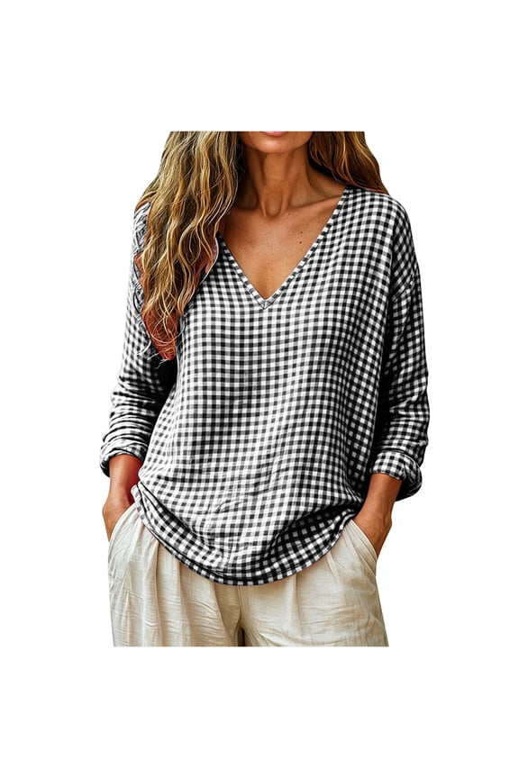 Women's Gingham V Neck Roll Up Long Sleeve Tunic Top Loose Plaid Casual Office Vacation