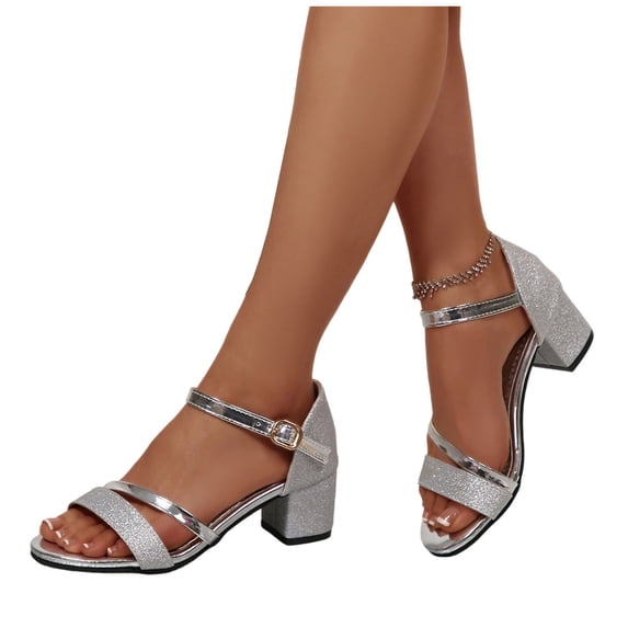 hoksml Women's Glitter Block Heel Sandals Adjustable Ankle Strap PU Leather Dress Shoes Gold Silver