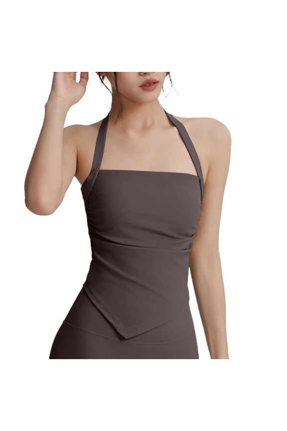 Women's Halter Neck Open Back Yoga Top, Ruched Waist Asymmetrical Hem Workout Tank Top with Built-in Bra