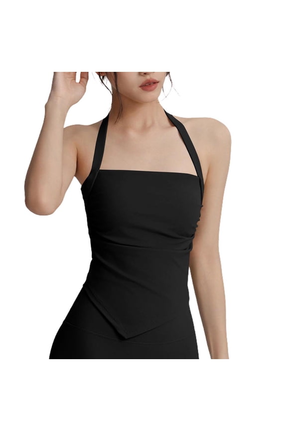Women's Halter Neck Open Back Yoga Top, Ruched Waist Asymmetrical Hem Workout Tank Top with Built-in Bra