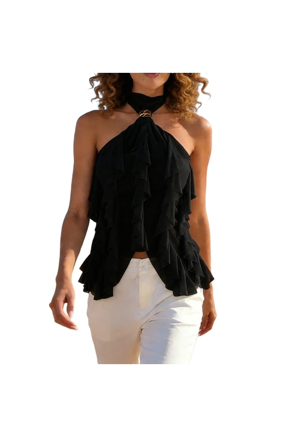 Women's Halter Neck Ruffle Blouse Sleeveless Sheer Mesh Top with O-Ring Tie Back