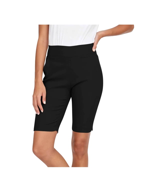 Women's High Waist Bermuda Shorts - Pull-On Style with Side Pockets and Slits, Casual Stretch Shorts