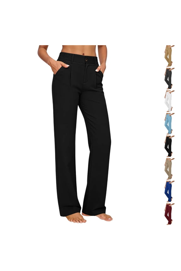 Women's High Waist Button Fly Straight Leg Dress Pants, Casual Work Trousers with Pockets Black
