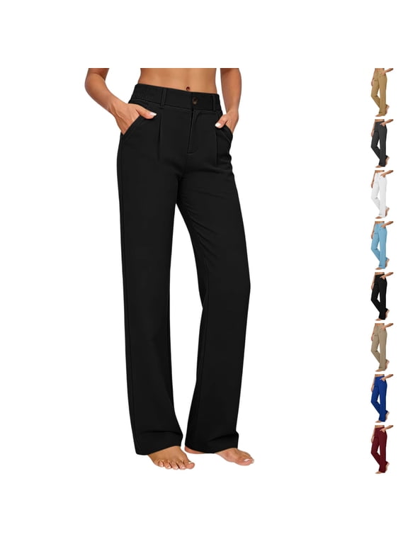 Women's High Waist Button Fly Straight Leg Dress Pants, Casual Work Trousers with Pockets Black