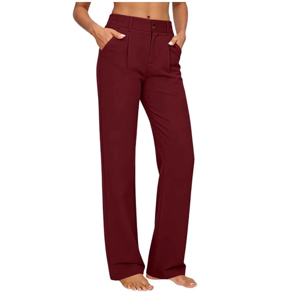 hoksml Women's High Waist Button Fly Straight Leg Dress Pants, Casual Work Trousers with Pockets Wine