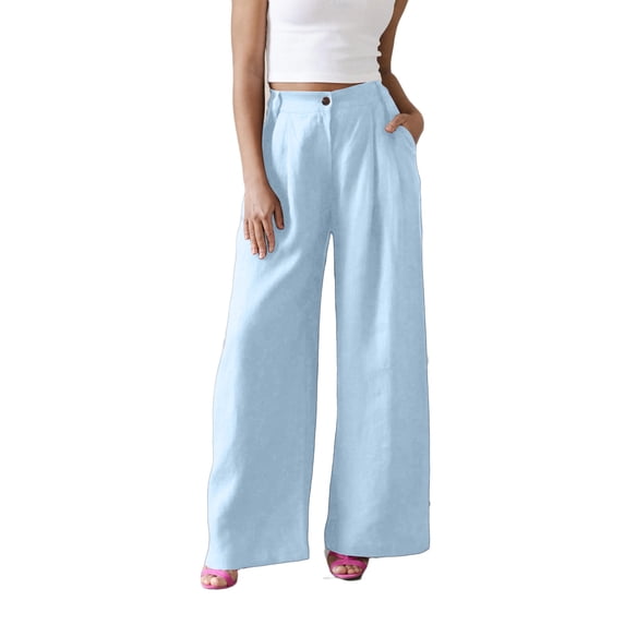 hoksml Women's High Waist Button Fly Wide Leg Linen Pants, Casual Cotton Blend Trousers with Pockets