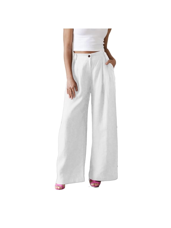 Women's High Waist Button Fly Wide Leg Linen Pants, Casual Cotton Blend Trousers with Pockets