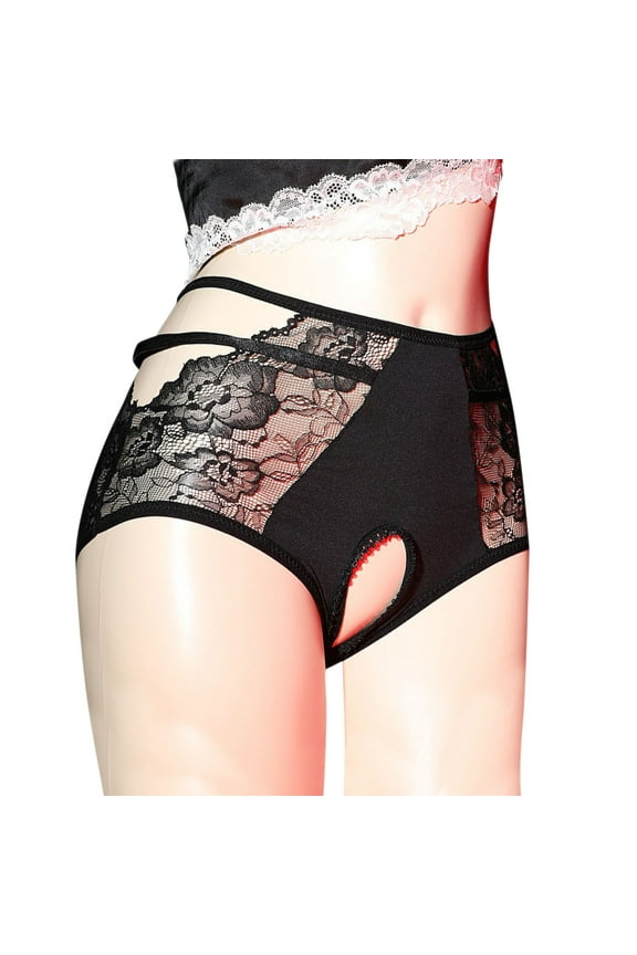 Women's High-Waist Crotchless Lace Panties - Sheer Mesh Open Crotch Thong, See-Through High Waisted Lingerie