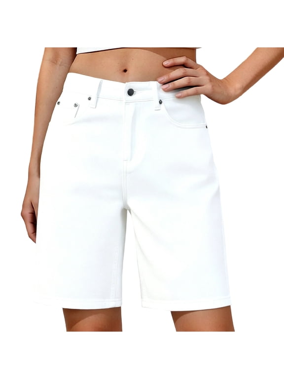 Women's High Waist Denim Bermuda Shorts, Button Fly Straight Leg Jean Shorts, Casual Denim Mid Length Shorts with Pockets