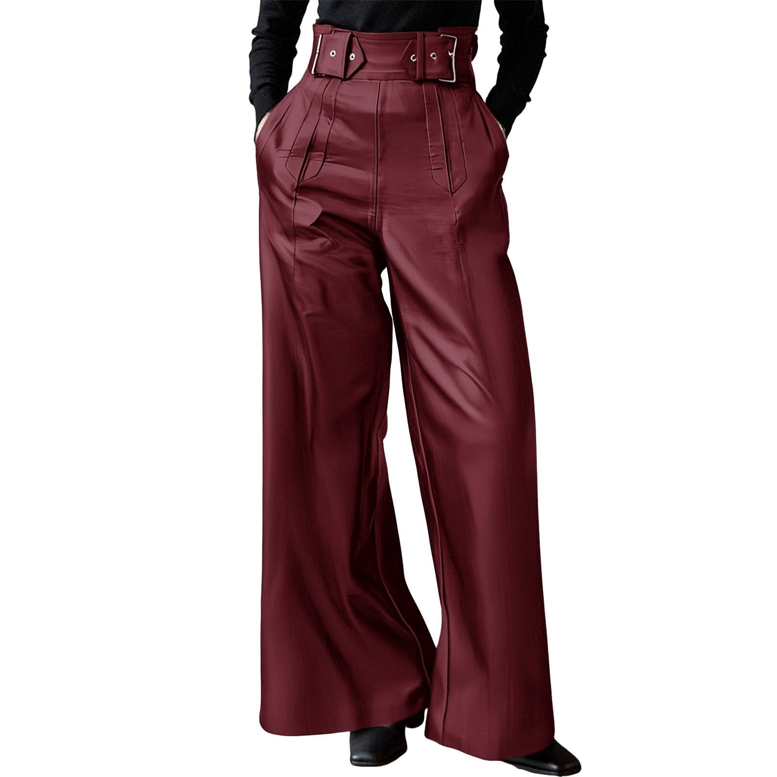 hoksml Women's High Waist Leather Pants Solid Color Wide Leg Trousers ...