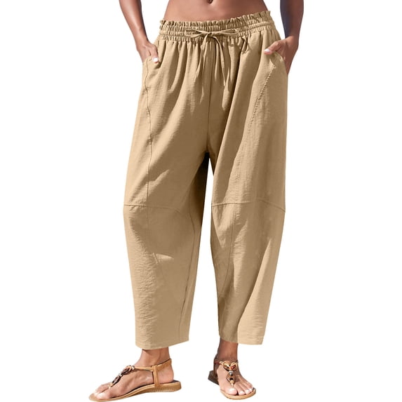 hoksml Women's High Waist Linen Blend Harem Pants, Casual Drawstring Cropped Trousers with Pockets