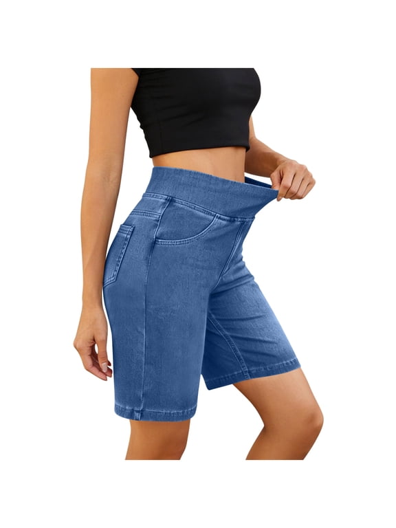 Women's High Waist Pull-On Denim Bermuda Shorts, Stretchy Pull-On Jean Shorts with Pockets, Casual Summer Shorts for Daily Wear