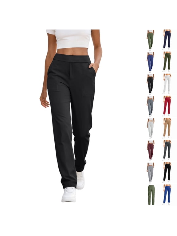 Women's High Waist Straight Leg Pants Stretchy Elastic Back Waist Casual Trousers with Side Pockets