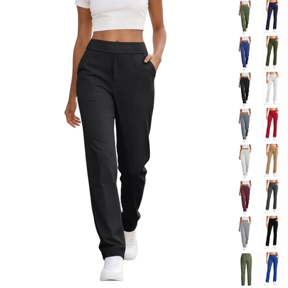 hoksml Women's High Waist Straight Leg Pants Stretchy Elastic Back Waist Casual Trousers with Side Pockets