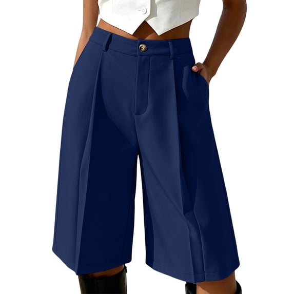 hoksml Women's High Waist Wide Leg Bermuda Shorts - Pleated Front with Button Closure and Pockets, Casual Work Shorts