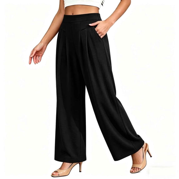 hoksml Women's High-Waist Wide-Leg Culotte Pants Loose Pleated Flowy Full Pants with Pockets