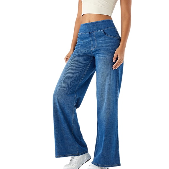 hoksml Women's High Waist Wide Leg Jeans Stretch Waist Slimming Denim Pants with Multiple Pockets Loose Fit Straight Leg Casual Trousers