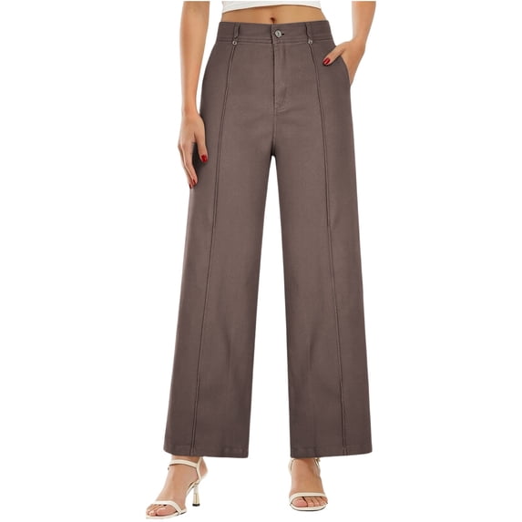 hoksml Women's High Waist Wide Leg Pants, Cotton Blend Button Fly Straight Leg Trousers with Pockets