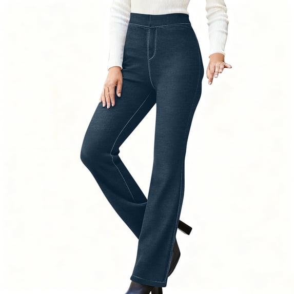 hoksml Women's High Waisted Flare Leggings Solid Color Faux Denim Stretch Pants Slim Fit Retro Bootcut Casual Chic
