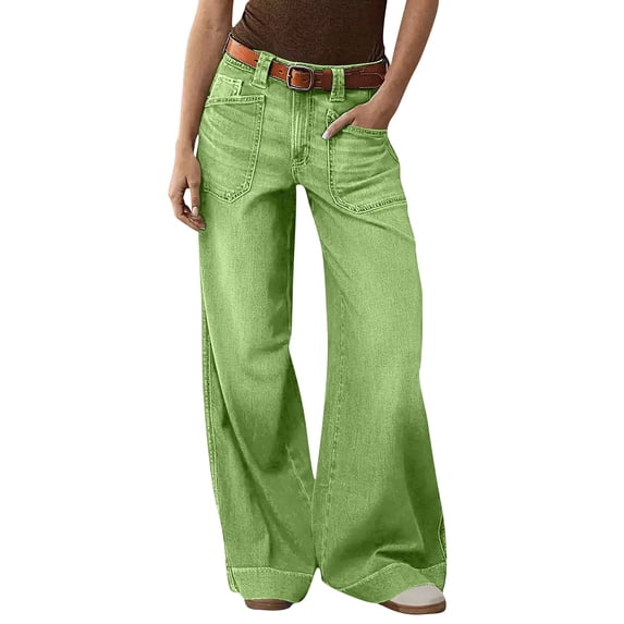 hoksml Women's High Waisted Wide Leg Jeans, Denim Pants with Patch Pockets and Multiple Washes
