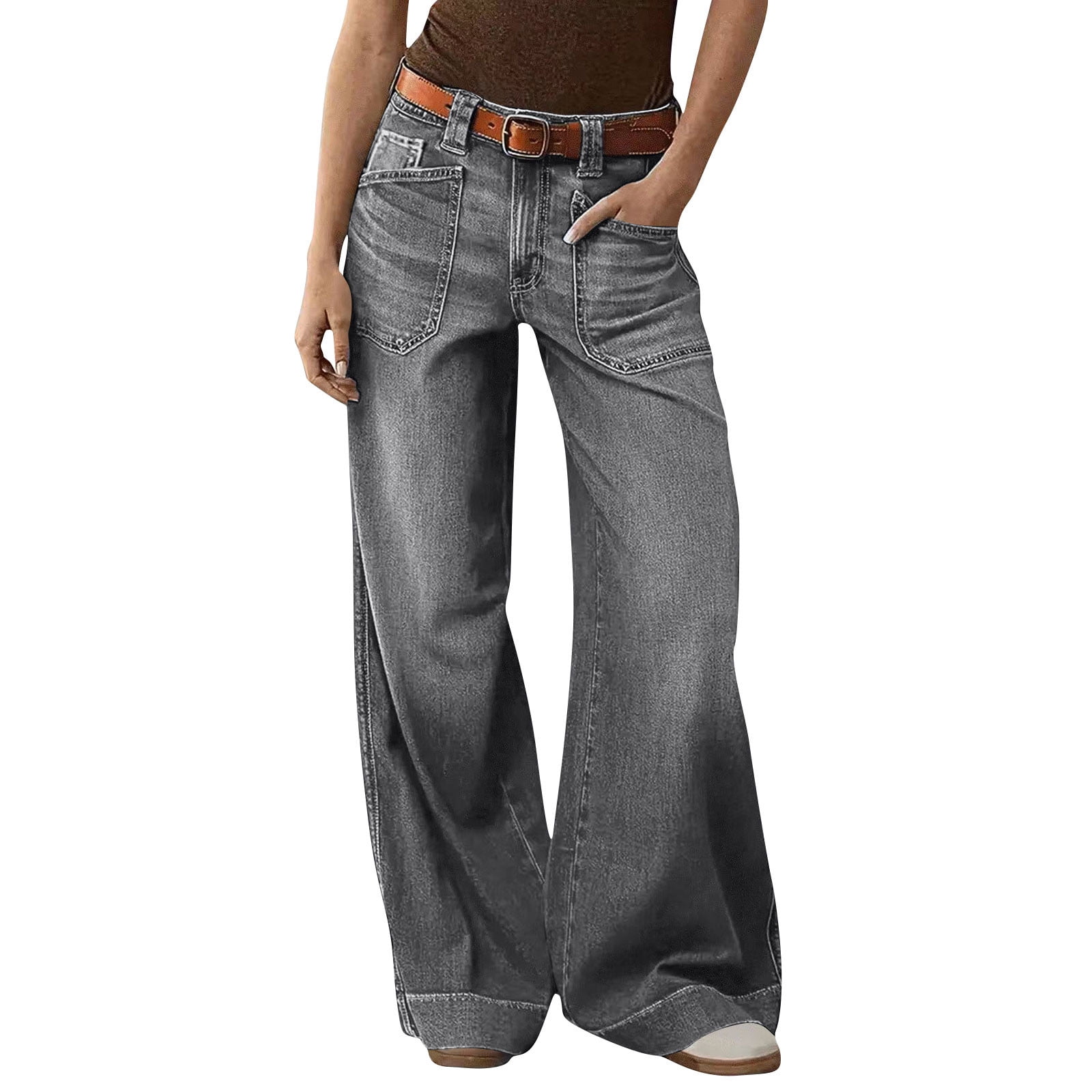 hoksml Women's High Waisted Wide Leg Jeans, Denim Pants with Patch ...