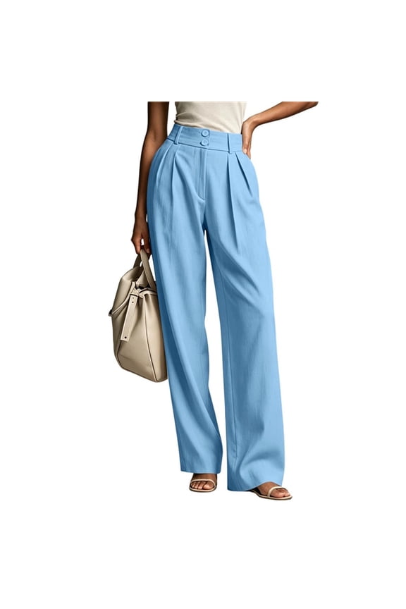 Women's High Waisted Wide Leg Pants Double Button Front Pleated Trousers with Pockets for Office Work Casual
