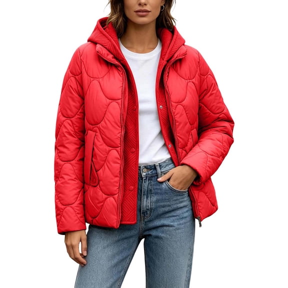 hoksml Women's Hooded Faux Two Piece Quilted Puffer Jacket, Solid Color Zip Front Winter Coat