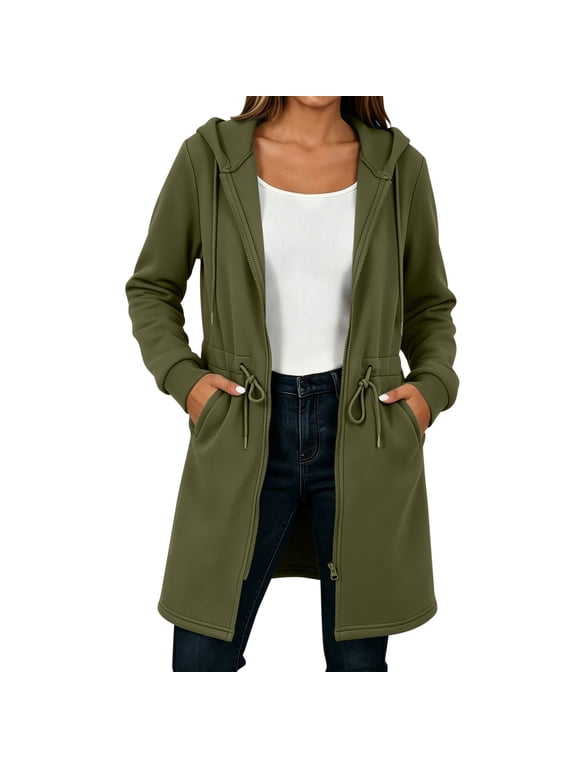 Women's Hooded Zip Up Jacket, Drawstring Waist Long Sleeve Lightweight Coat with Pockets, Loose Fit Solid Color