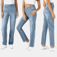 thumbnail image 1 of hoksml Women's Jean-Style Pants Stretch Denim-Look Solid Color Straight Leg Trousers with Elastic Waist and Pockets Comfortable Pull-On Pants for Casual Wear, 1 of 7