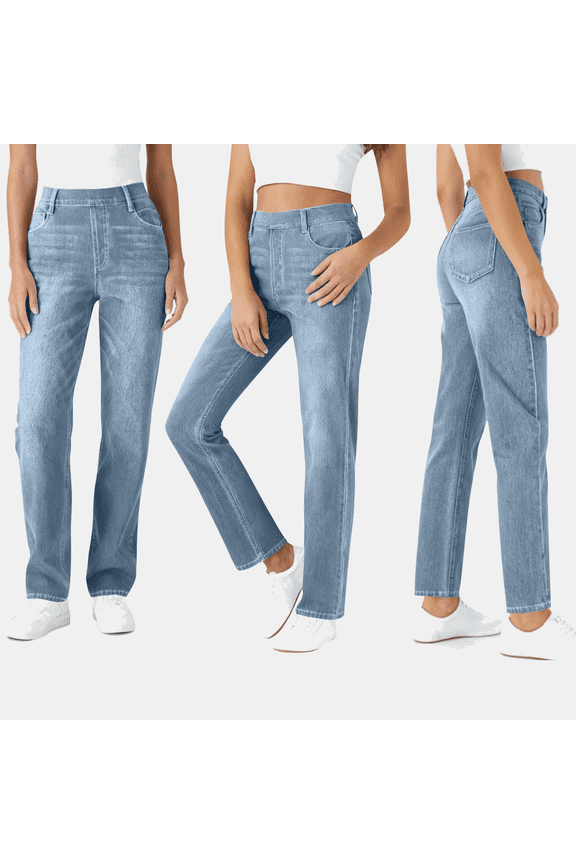 Women's Jean-Style Pants Stretch Denim-Look Solid Color Straight Leg Trousers with Elastic Waist and Pockets Comfortable Pull-On Pants for Casual Wear