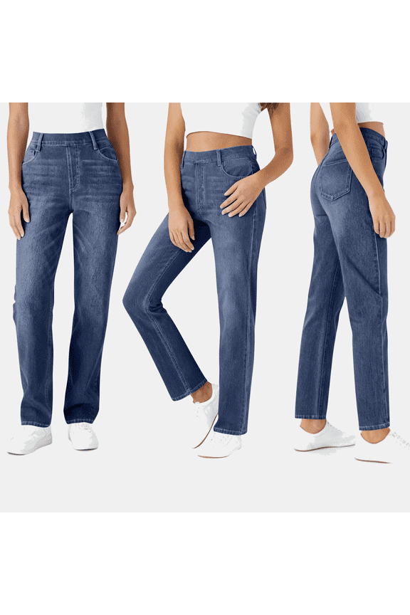 Women's Jean-Style Pants Stretch Denim-Look Solid Color Straight Leg Trousers with Elastic Waist and Pockets Comfortable Pull-On Pants for Casual Wear