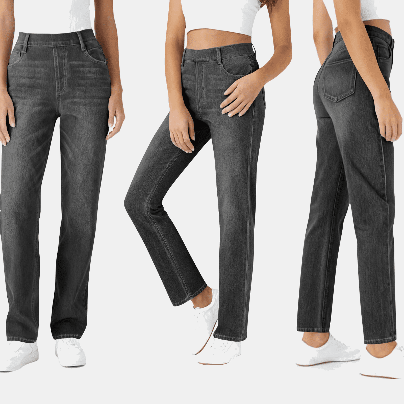 hoksml Women's Jean-Style Pants Stretch Denim-Look Solid Color Straight ...