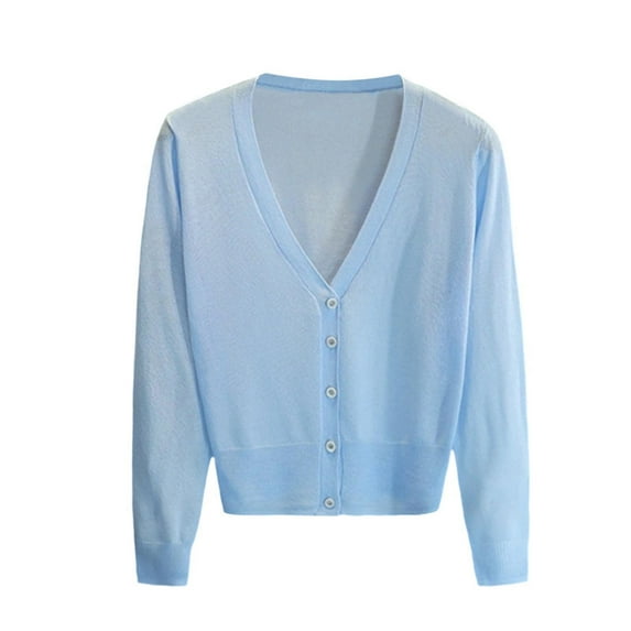 hoksml Women's Lightweight Deep V-neck Button Knit Sweater Solid Color Long Sleeve Short Cardigan for Spring Fall