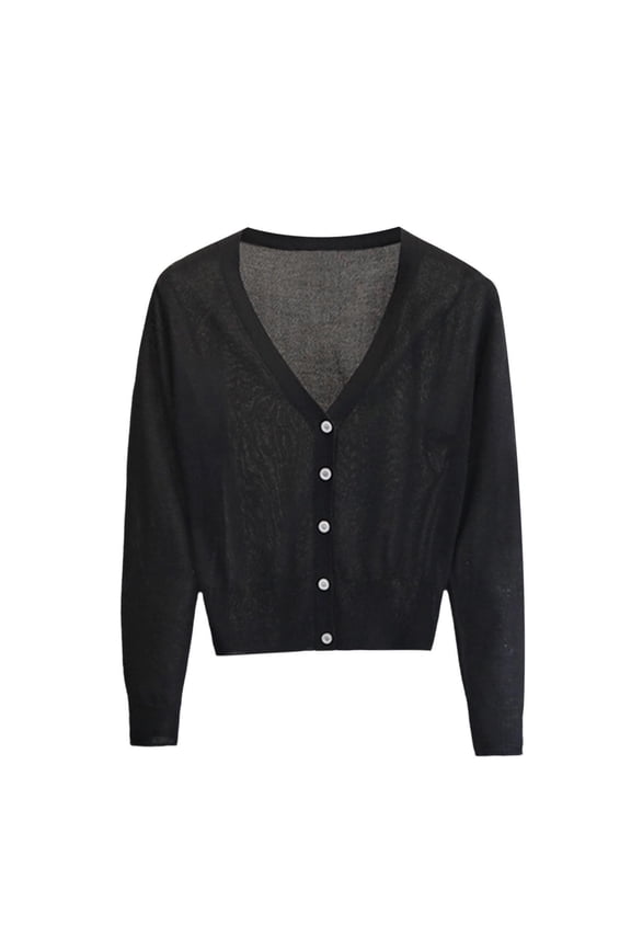 Women's Lightweight Deep V-neck Button Knit Sweater Solid Color Long Sleeve Short Cardigan for Spring Fall
