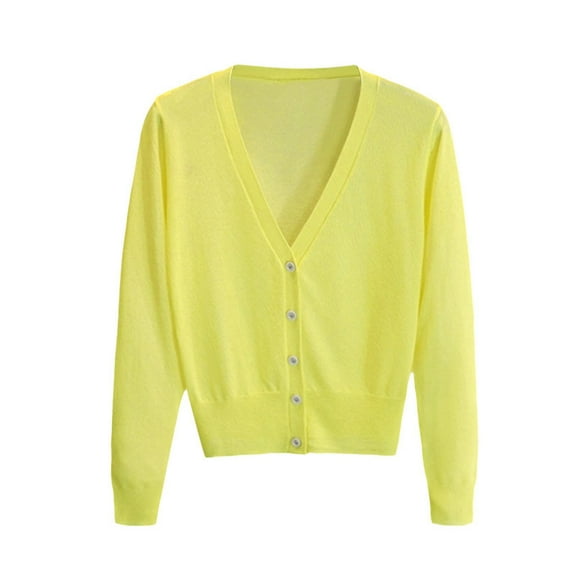 hoksml Women's Lightweight Deep V-neck Button Knit Sweater Solid Color Long Sleeve Short Cardigan for Spring Fall