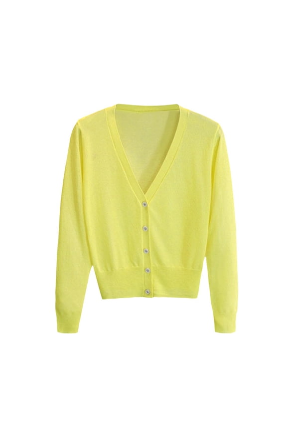 Women's Lightweight Deep V-neck Button Knit Sweater Solid Color Long Sleeve Short Cardigan for Spring Fall