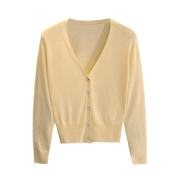 hoksml Women's Lightweight Deep V-neck Button Knit Sweater Solid Color Long Sleeve Short Cardigan for Spring Fall