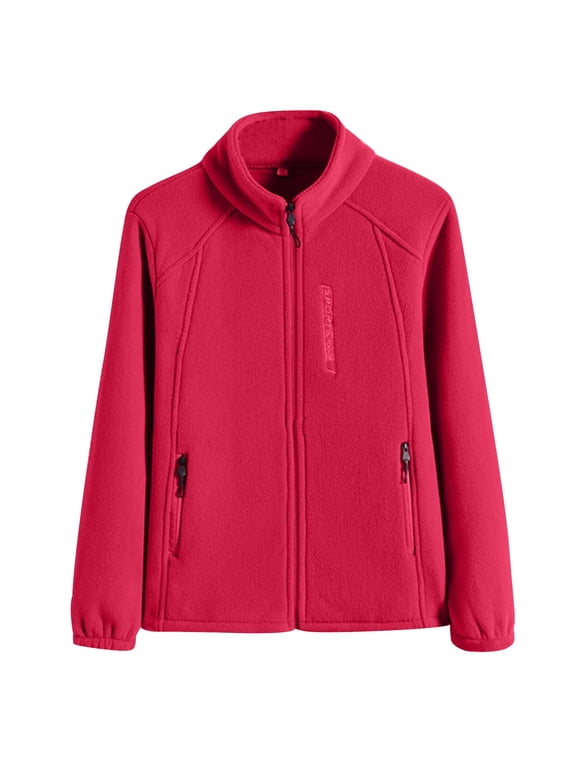 Women's Lightweight Full Zip Soft Fleece Jacket Fashion Solid Color Outdoor Casual Zipper Stand Sports Long Sleeved Recreation Coat with Zipper Pockets