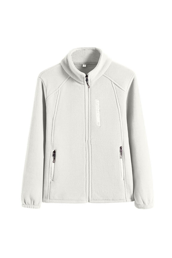 Women's Lightweight Full Zip Soft Fleece Jacket Fashion Solid Color Outdoor Casual Zipper Stand Sports Long Sleeved Recreation Coat with Zipper Pockets