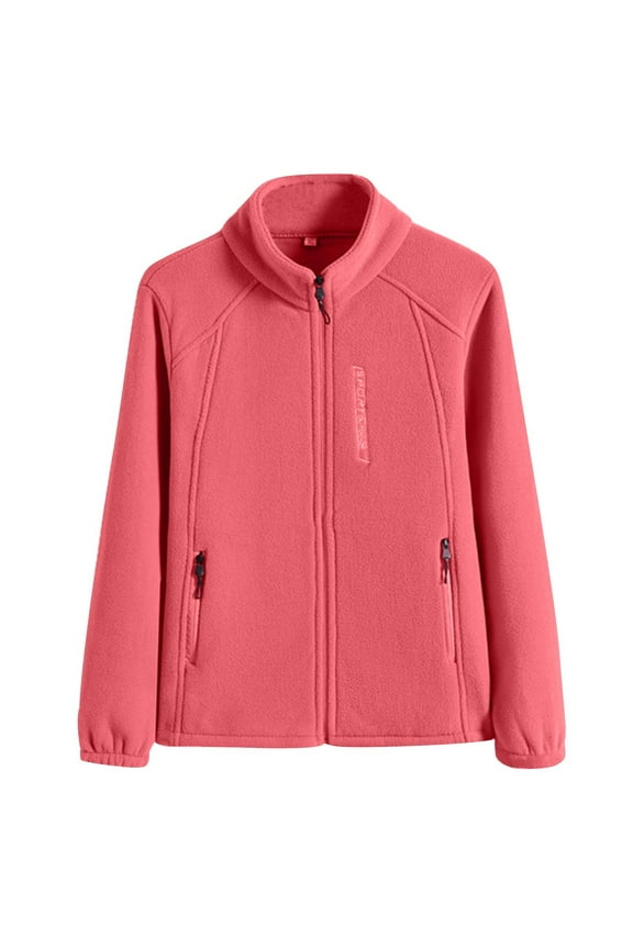 Women's Lightweight Full Zip Soft Fleece Jacket Fashion Solid Color Outdoor Casual Zipper Stand Sports Long Sleeved Recreation Coat with Zipper Pockets