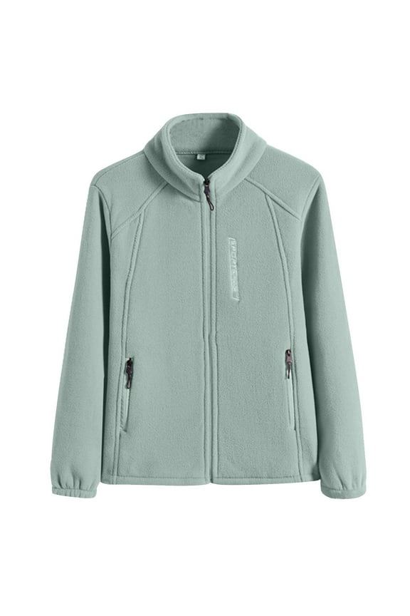 Women's Lightweight Full Zip Soft Fleece Jacket Fashion Solid Color Outdoor Casual Zipper Stand Sports Long Sleeved Recreation Coat with Zipper Pockets
