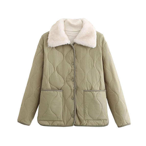 hoksml Women's Lightweight Quilted Puffer Jacket with Plush Collar Color-Block Design Button Front Winter Coat with Pockets