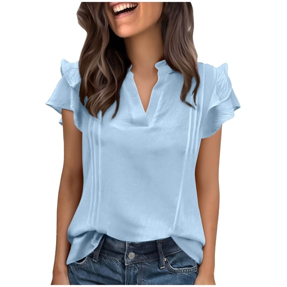 hoksml Women's Lightweight Ruffled V-Neck Blouse with Flutter Sleeves, Pleated Detail, Short Sleeve Casual Summer Work Top