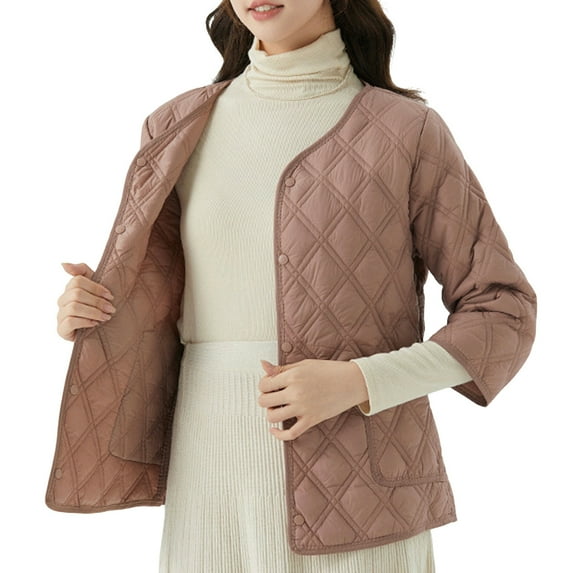 hoksml Women's Lightweight Thermal 3/4 Sleeve Puffer Jacket Solid Color Collarless Button Quilted Coat Indoor Outdoor Wearable House Coat