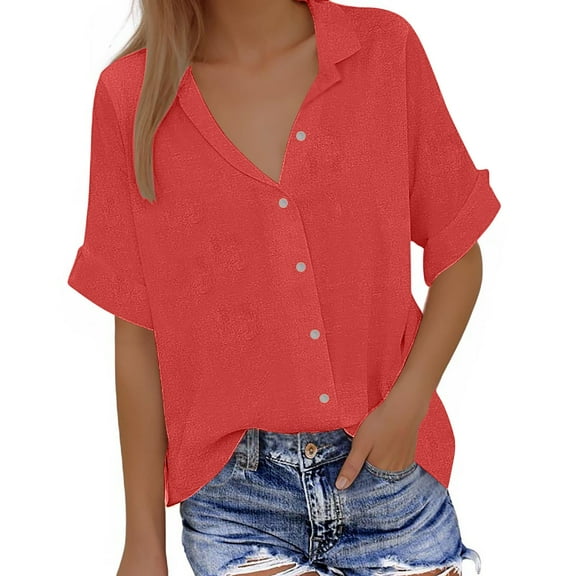 hoksml Women's Lightweight Tops & Blouses Summer Button Down Shirts Lapel Short Sleeve Shirt Casual Business Professional Clothes