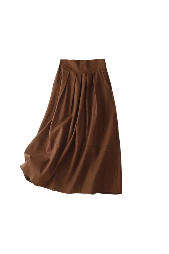 Women's Linen Blend Midi Skirt, High Elastic Waist A-Line Skirt with Pleats and Pockets