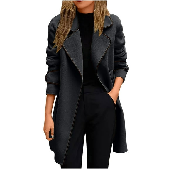 hoksml Women's Long Belted Wool Blend Coat Oversized Notched Lapel Faux Wrap Style Trench Coat for Fall Winter M-4XL