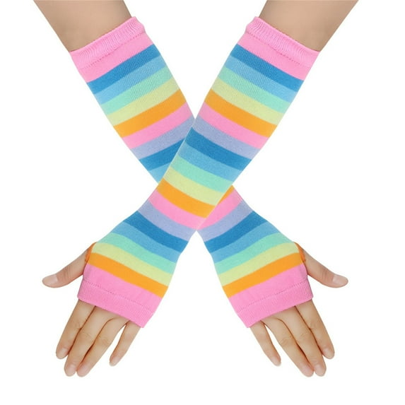 hoksml Women's Long Fingerless Gloves Rainbow Color Striped Knitted Stretchy Arm Warmers Sleeves
