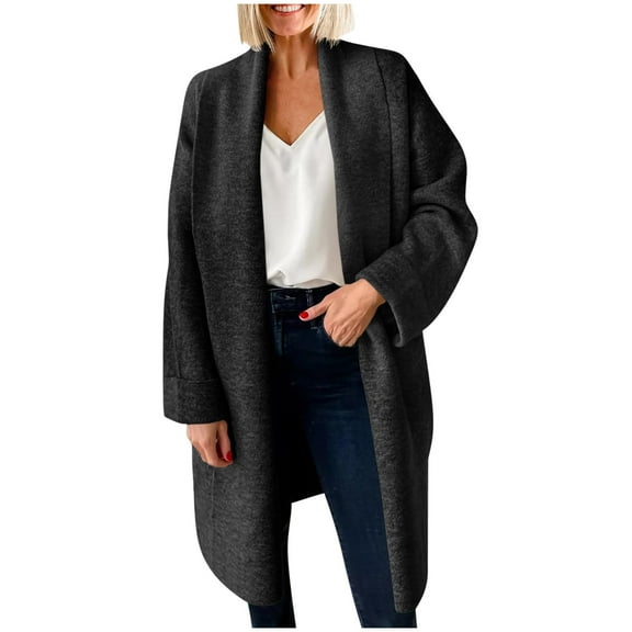 hoksml Women's Long Knit Cardigan Solid Color Lapel Collar Long Sleeve Open Front Sweater Coat Warm Duster Jackets for Fall Winter