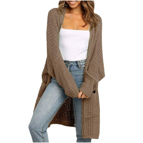 hoksml Women's Long Knit Cardigan Solid Color Loose Fit Long Sleeve Hoodless Sweater Jacket Coat with Pockets